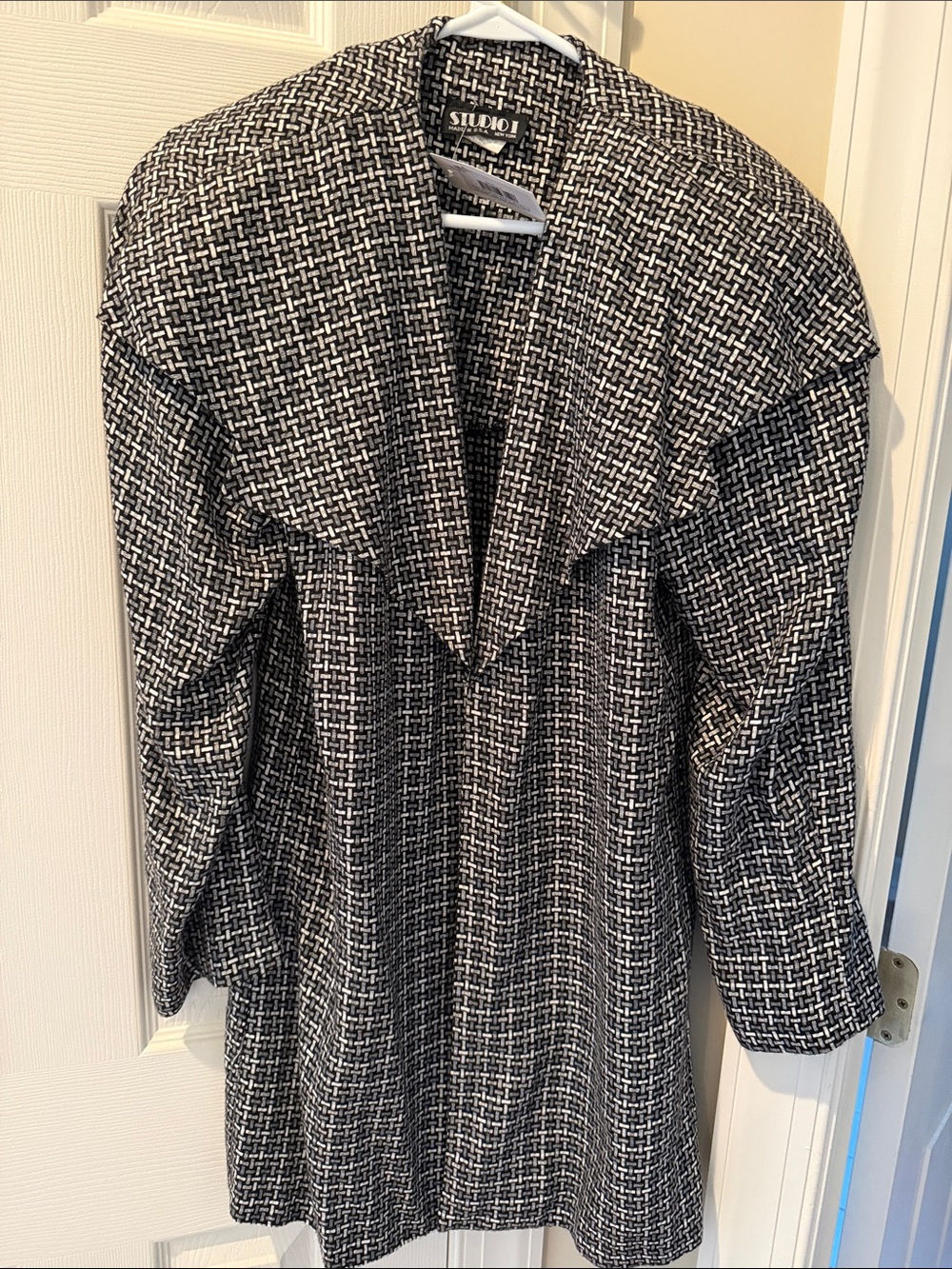 Studio I Black & White Tweed Open-Front Trench Blazer